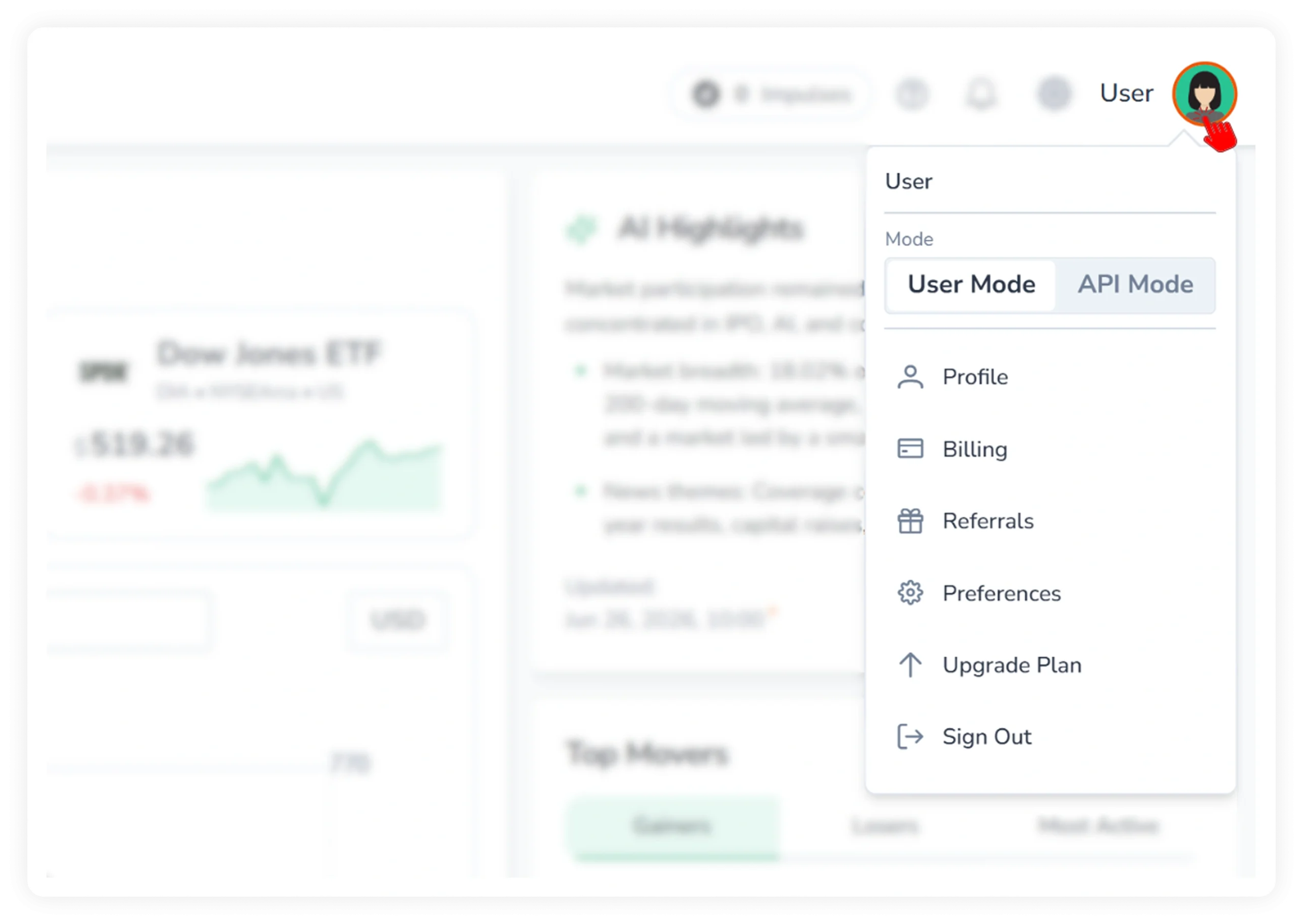 Screenshot of the user menu opened, showing the dashboard mode switcher, Profile, Billing, Referrals, Preferences, Upgrade Plan, and Sign Out options.