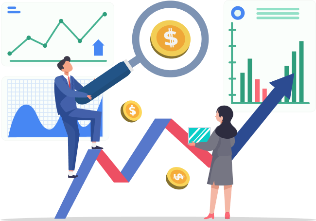 A man examining a dollar coin with a magnifier while standing on a price movement arrow, and a woman with a laptop beside it, with background charts in red and green indicating mixed market signals