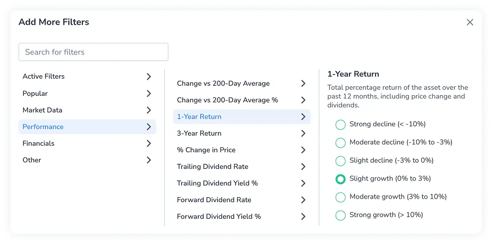 Screenshot in FinImpuls showing the 1Y Return filter with definition and percentage options