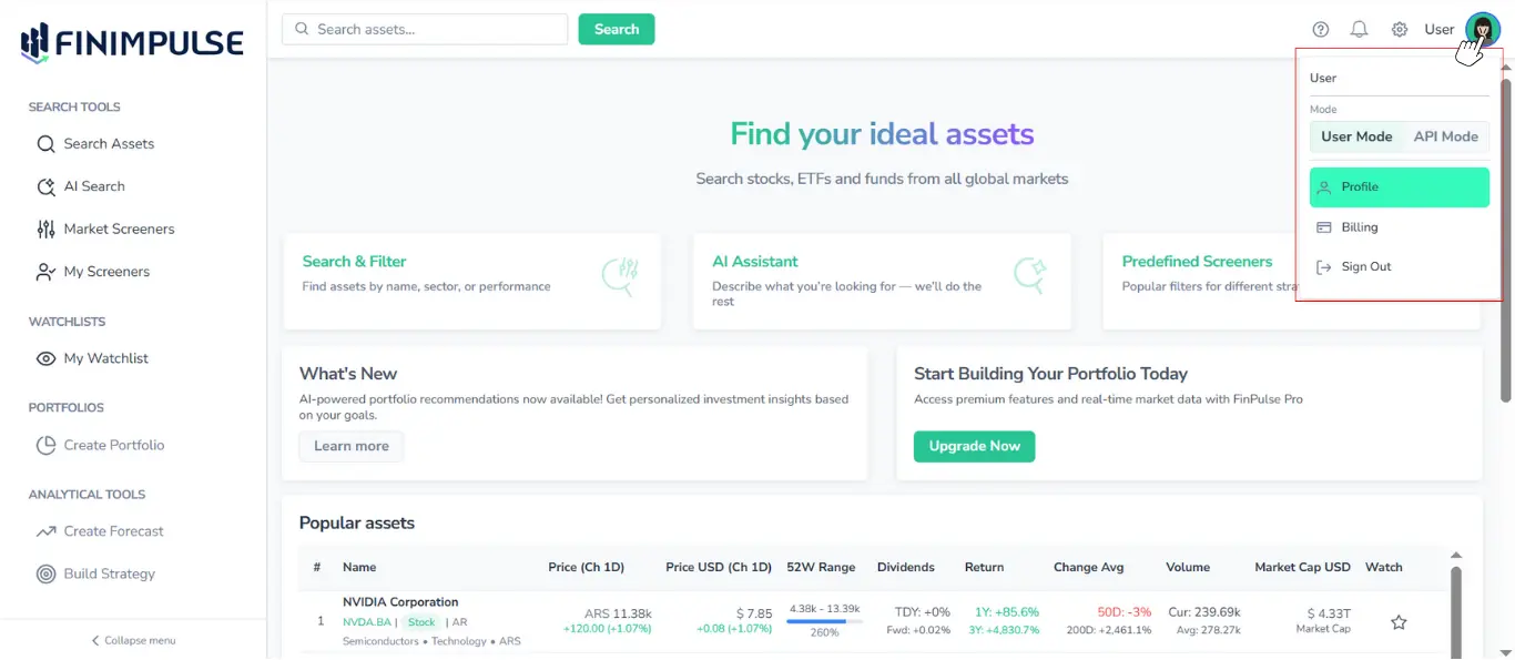 Screenshot of FinImpulse main dashboard with the user dropdown menu opened and highlighted in red, the Profile option highlighted in green, and a cursor pointing to the account image