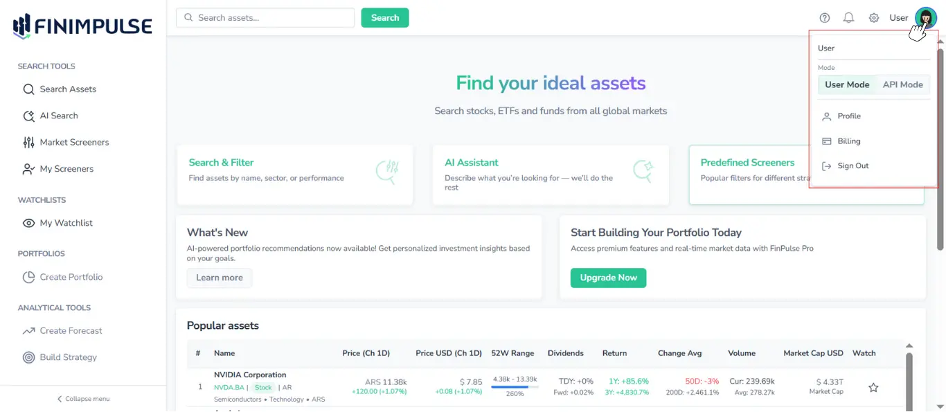 Screenshot of FinImpulse main dashboard with the user dropdown menu outlined in red and a cursor pointing to the account image