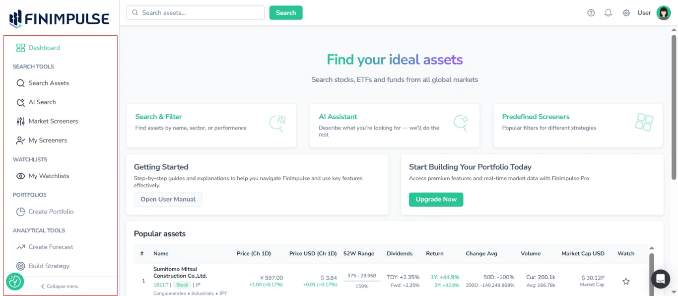 Screenshot of the main dashboard with the left navigation bar highlighted in red, showing where to access the primary FinImpulse sections.