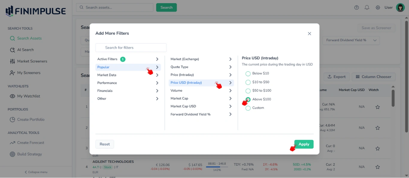 Screenshot showing the Search Assets page in the background and the Add More Filters pop-up in the foreground, with red cursors indicating step-by-step clicks to add a filter via the Add More Filters pop-up.
