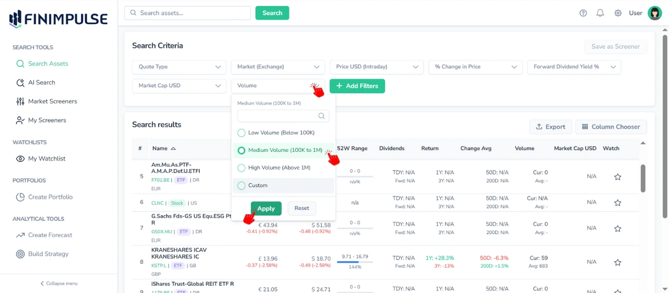 Screenshot of FinImpulse Search Assets page with red cursors showing the step-by-step clicks to add a basic filter.