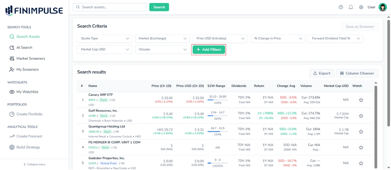 Screenshot of FinImpulse Search Assets page with the Add Filters button in the Search Criteria bar highlighted in red.