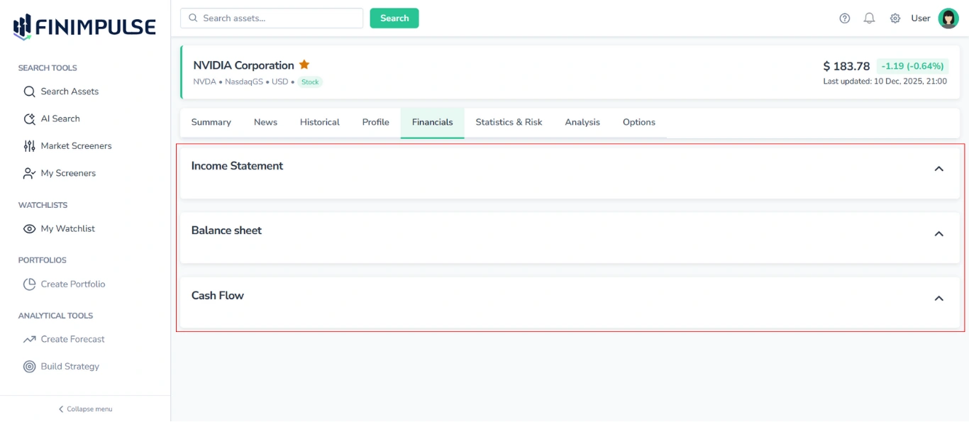Screenshot of the Financials tab in FinImpulse, with the Income Statement, Balance Sheet, and Cash Flow sections all shown collapsed.