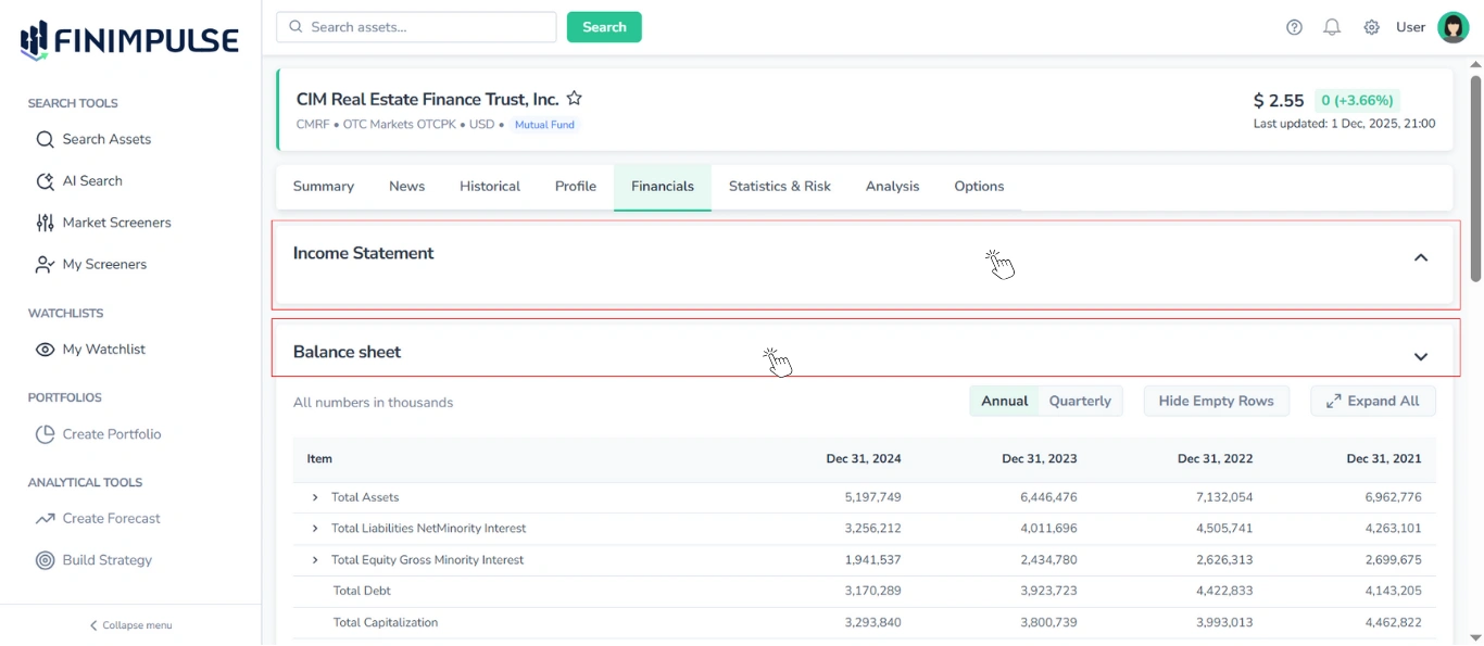 Screenshot of the Financials tab in FinImpulse, with the Income Statement section collapsed and highlighted in red with a clicking cursor, and the Balance Sheet section expanded, its header outlined in red, also with a clicking cursor.
