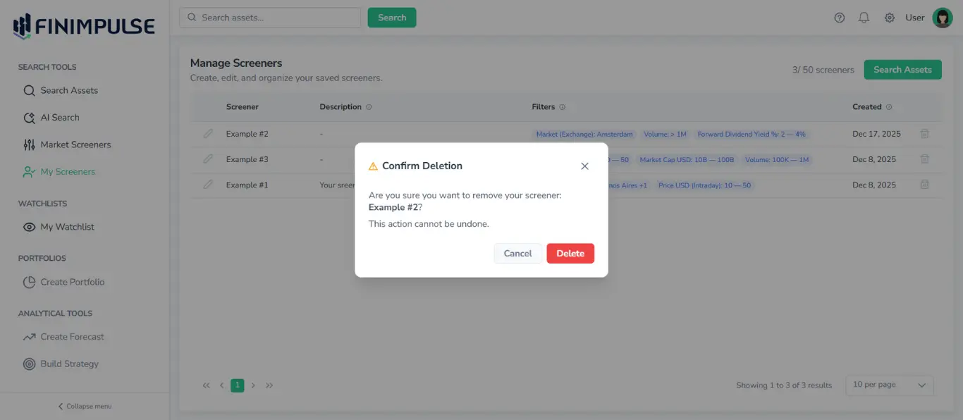 Screenshot of FinImpulse with My Screeners page in the background, and Confirm Deletion pop-up in the foreground asking to confirm deletion of Example #1 screener.