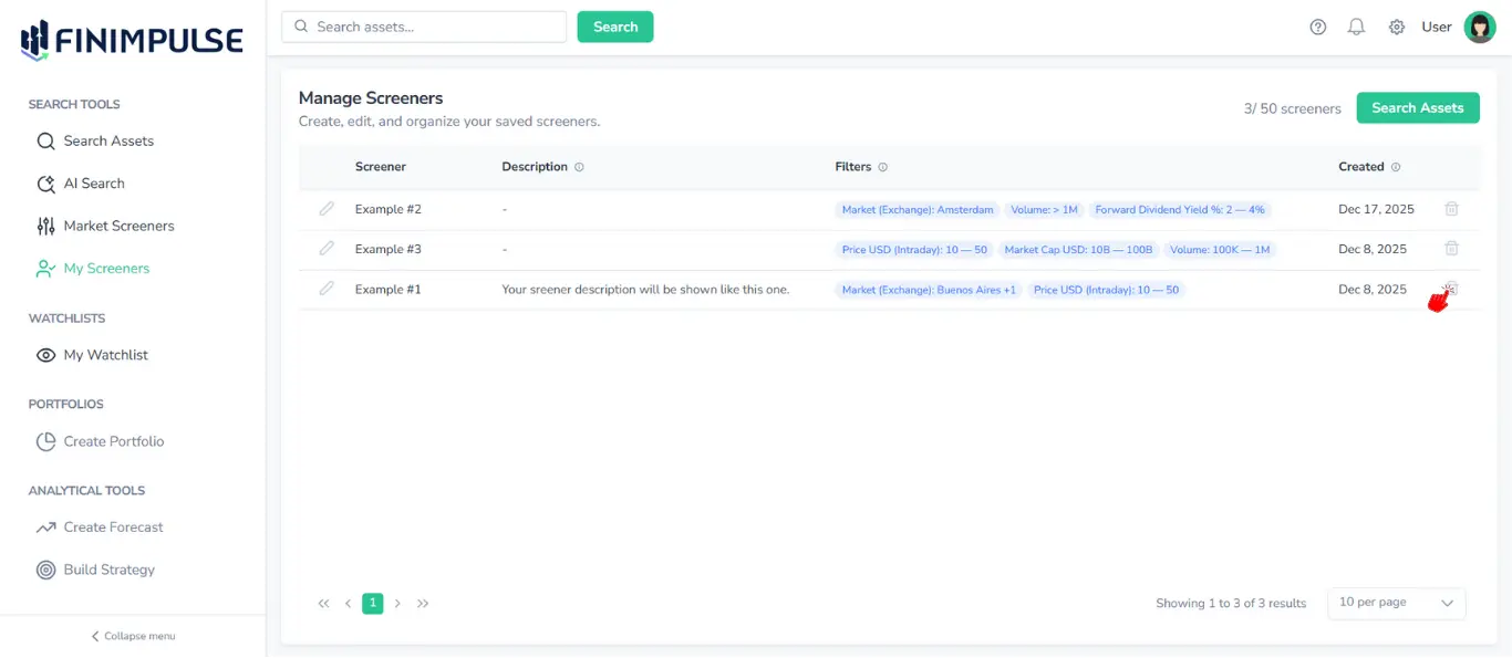Screenshot of My Screeners page in FinImpulse, with the red cursor clicking the trash icon on Example #1 screener.