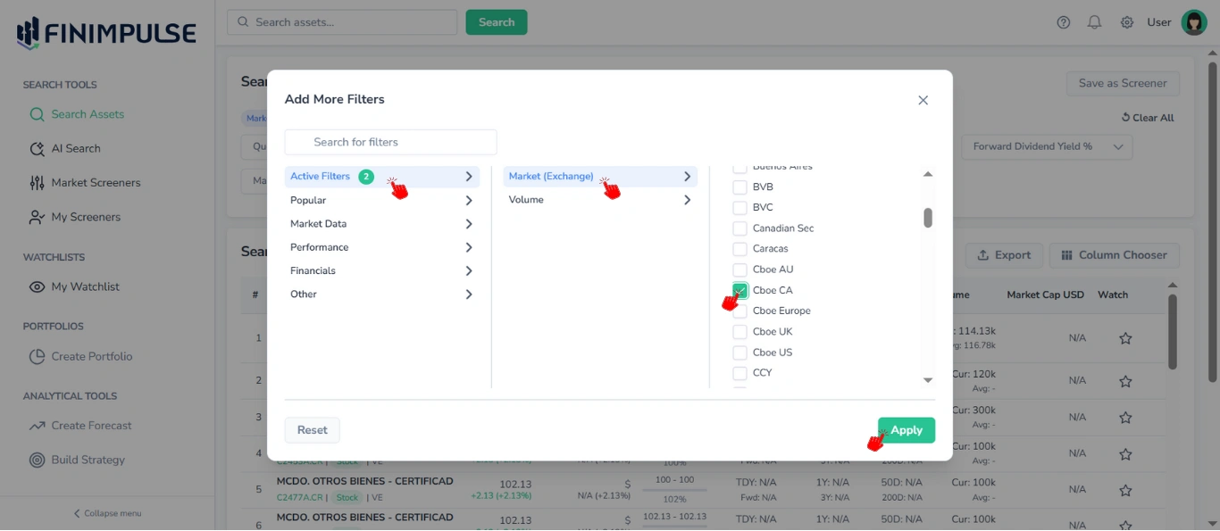 Screenshot of FinImpulse Search Assets page in the background and the Add More Filters pop-up in the foreground with red cursors showing step-by-step clicks to edit any filter via the Add More Filters pop-up.