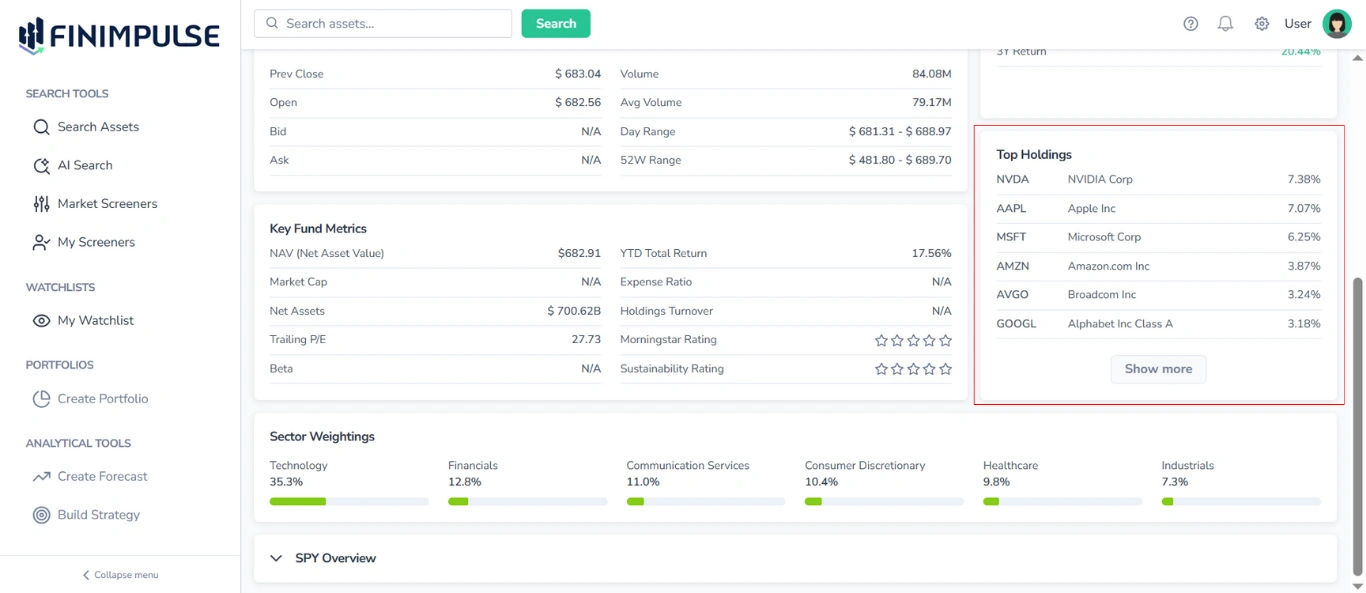 Screenshot of the FinImpulse Summary tab (ETFs), with the Top Holdings table highlighted in red; other sections are visible.