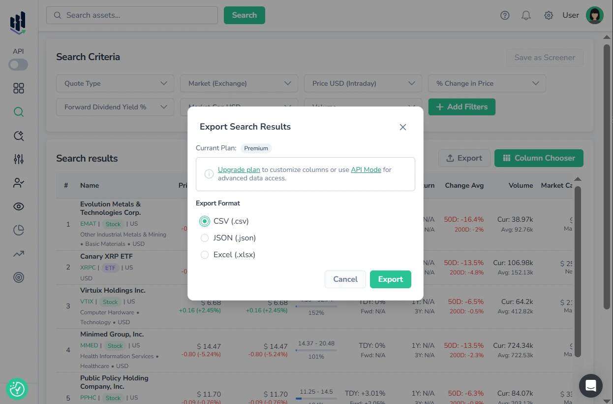 Screenshot of the export dialog showing available export formats and the search assets page in the background.