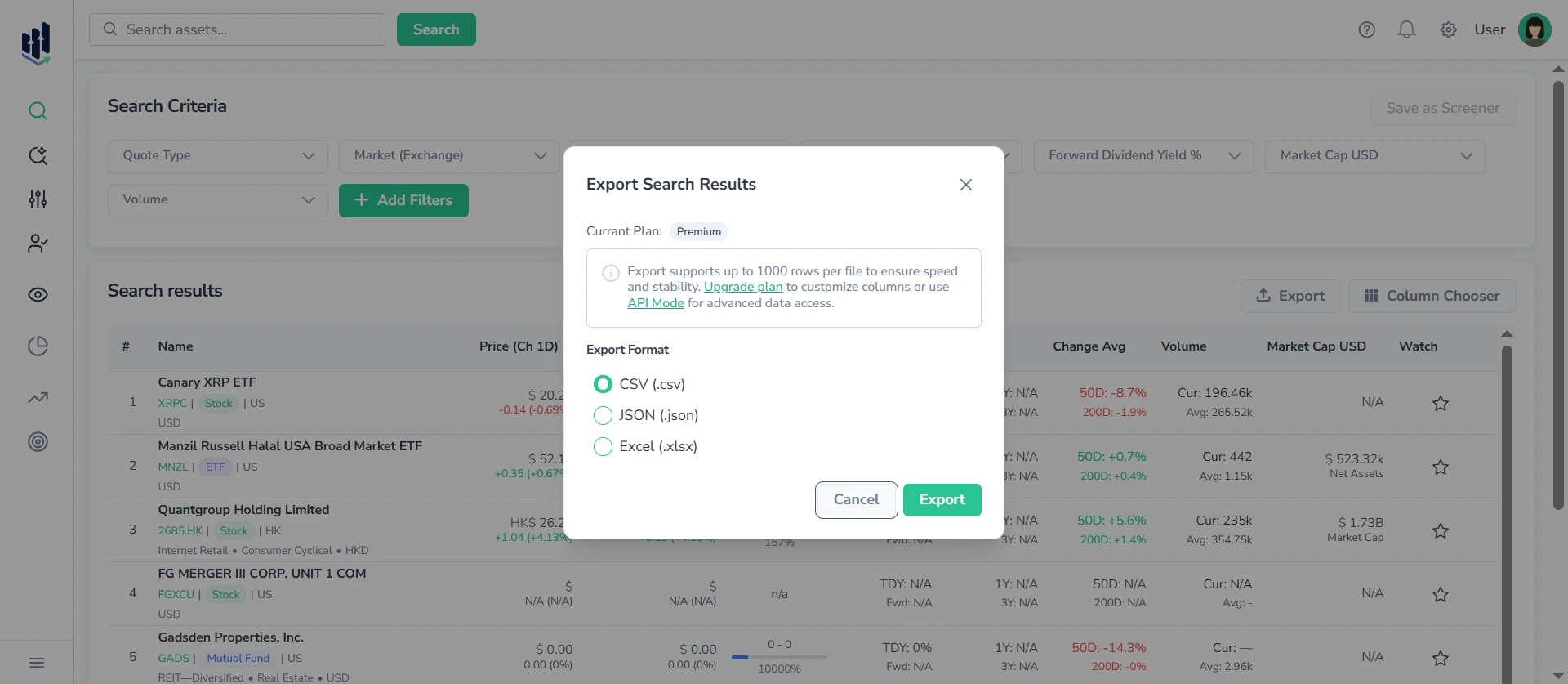 Screenshot of the Export Dialog showing current plan details, notification about the number of export rows, and available export formats; Search Assets page in the background.