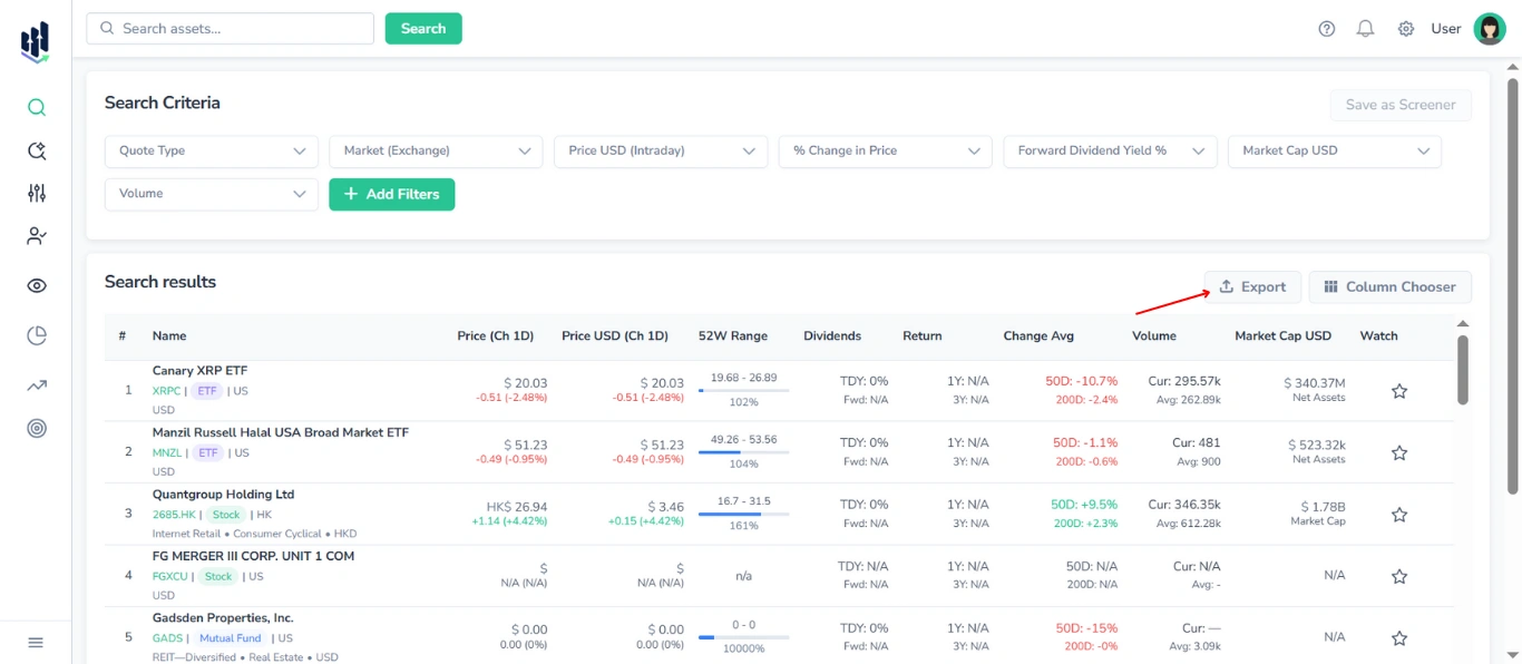 Screenshot of FinImpulse Search Assets page showing the Search Criteria block and Search results table, with the red arrow pointing to the Export button.