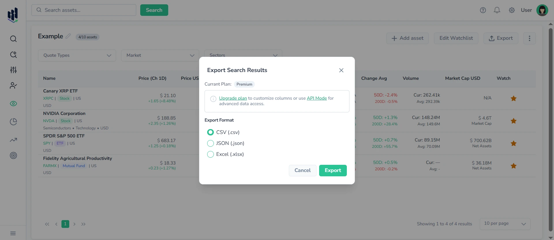 FinImpulse screenshot with Export Search Results pop-up in the foreground and opened "Example" watchlist in the background.