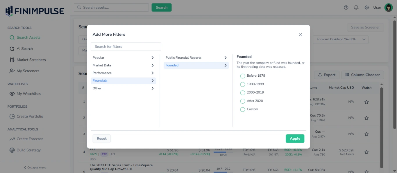 Screenshot in FinImpulse showing the Search Assets page in the background and the Add More Filters pop-up in the foreground, with the Financials category and Founded filter both highlighted in blue.