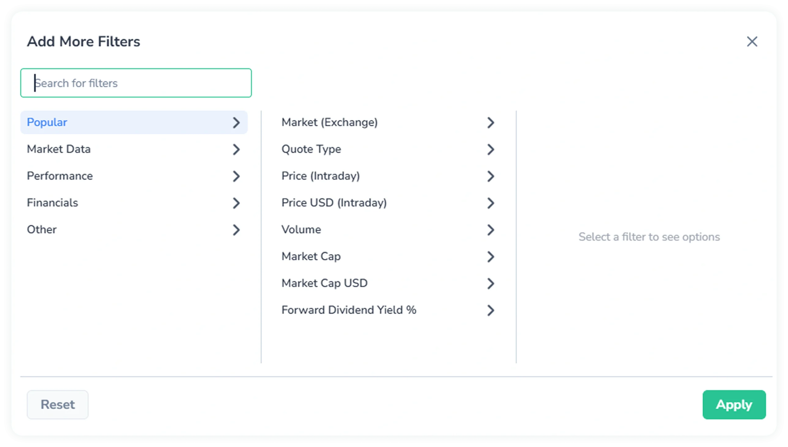 Screenshot of the Add More Filters dialog in FinImpulse, showing the Popular category selected with 8 filters listed: Market (Exchange), Quote Type, Price (Intraday), Price USD (Intraday), Volume, Market Cap, Market Cap USD, and Forward Dividend Yield %. A search bar is visible at the top, and Apply and Reset buttons are at the bottom.