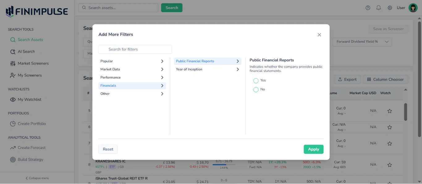 Screenshot in FinImpulse showing the Search Assets page in the background and the Add More Filters pop-up in the foreground, with the Financials category and Public Financial Reports filter both highlighted in blue.