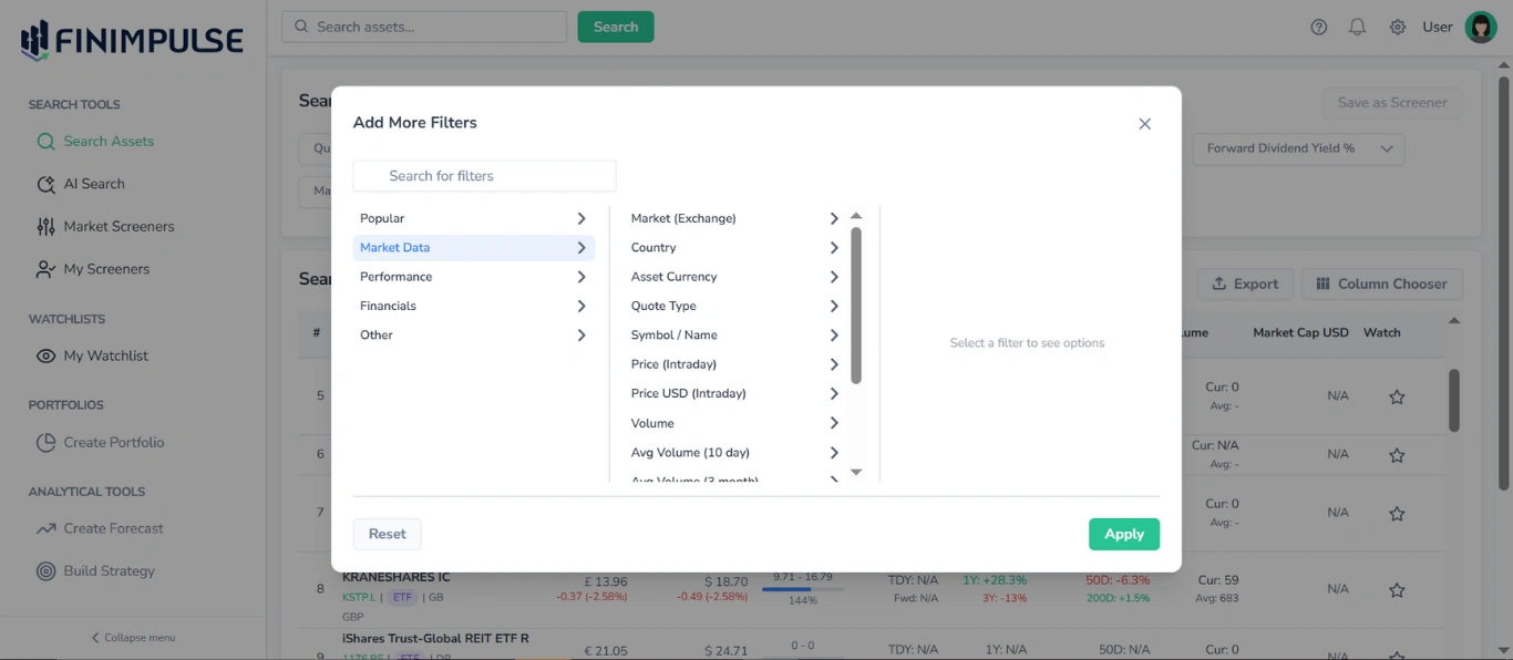 Screenshot in FinImpulse, showing the Add More Filters pop-up with the Market Data category highlighted in blue, and the Search Assets page in the background.