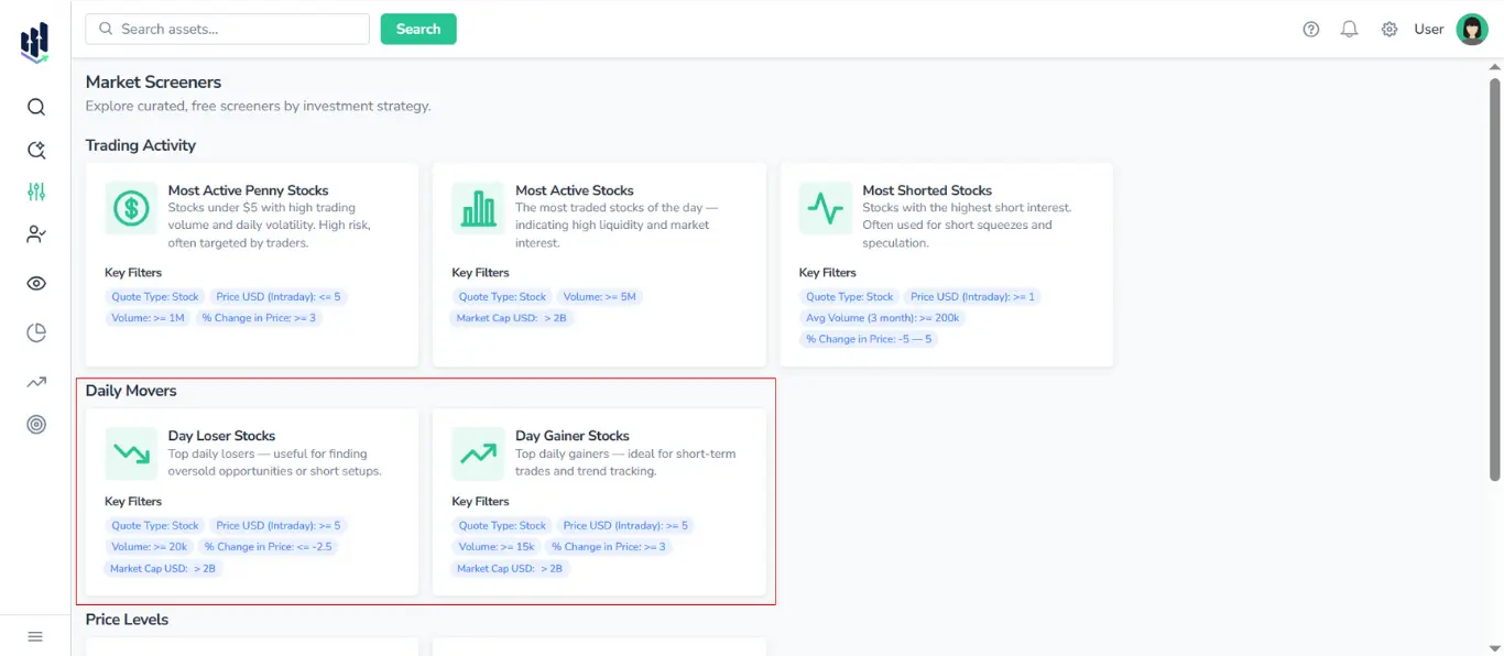 Screenshot of FinImpulse Market Screeners page with the Daily Movers screener type highlighted in red, showing the Day Loser Stocks and Day Gainer Stocks screeners.