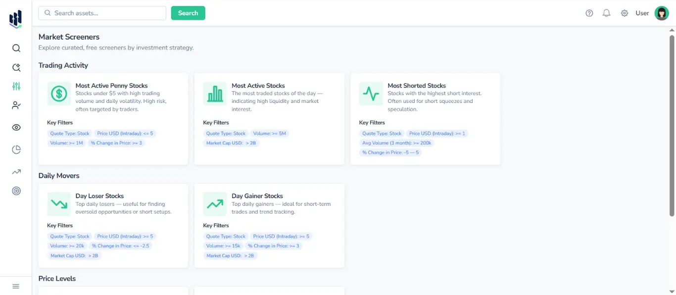 Screenshot of FinImpulse Market Screeners page showing Trading Activity and Daily Movers screener types.