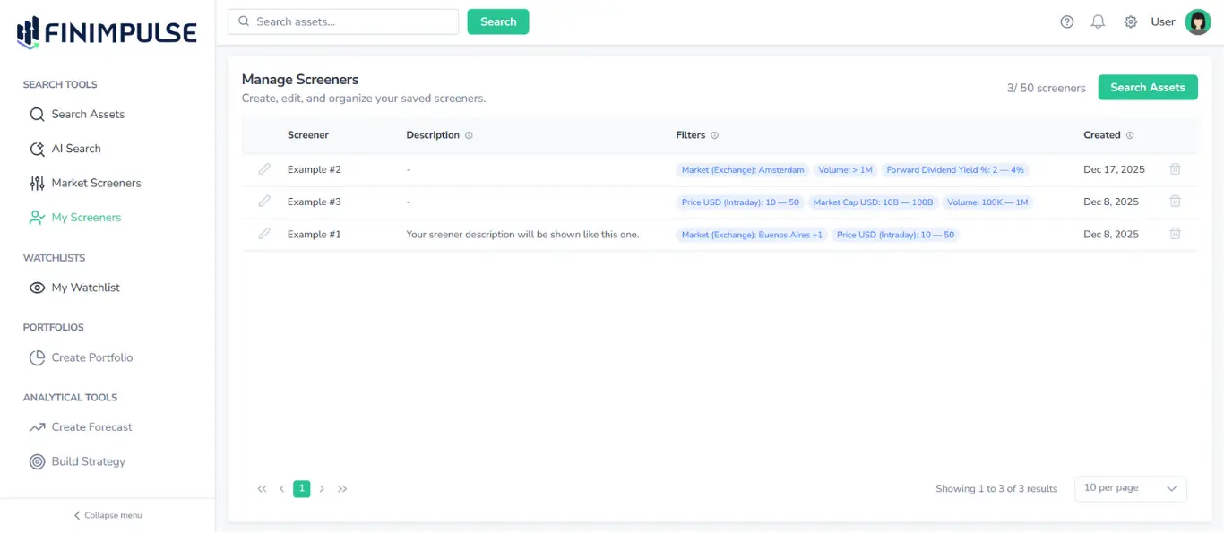Screenshot of My Screeners page in FinImpulse displaying three example screeners with all their information.