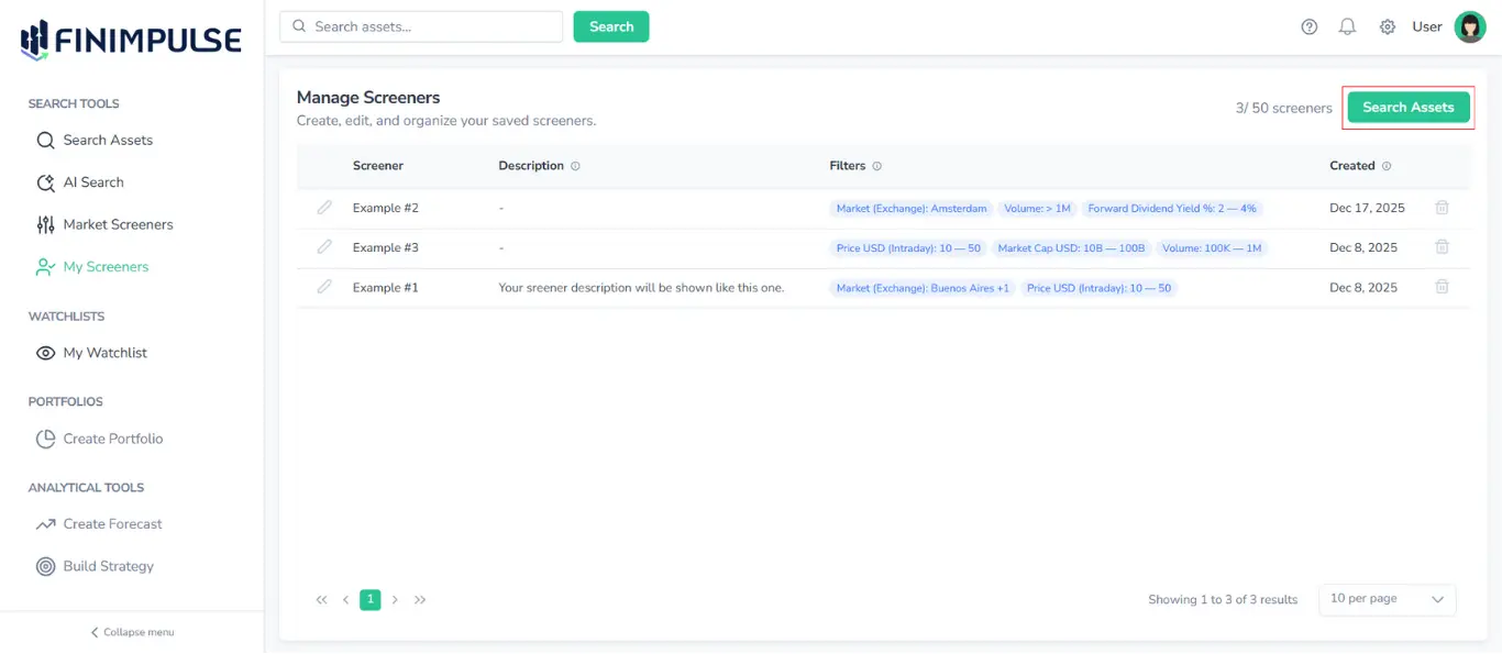 Screenshot of My Screeners page in FinImpulse, with the Search Assets button highlighted in red.