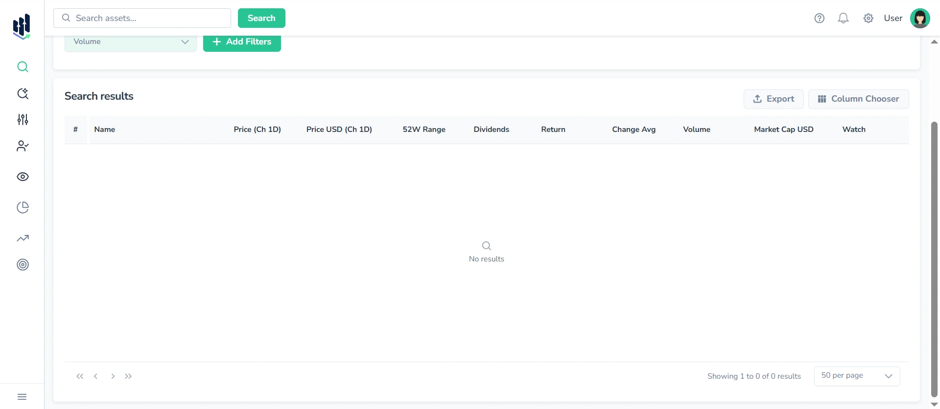 Screenshot of the FinImpulse Search Assets page, showing the Search results block displaying 'No results'.