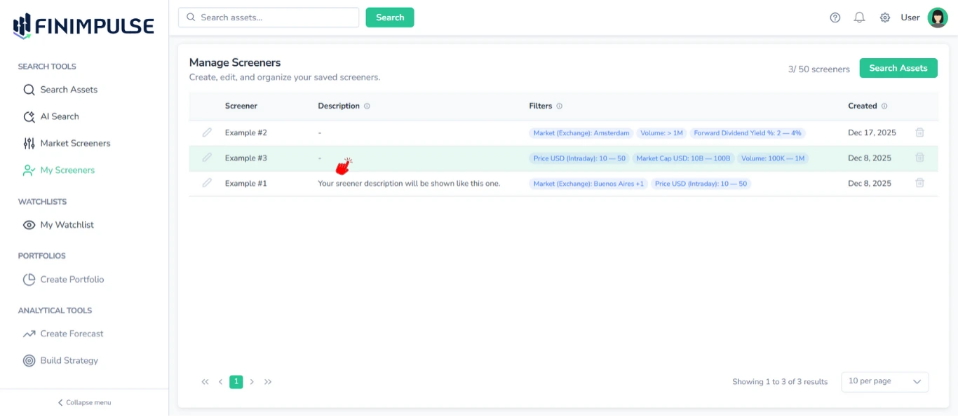 Screenshot of My Screeners page in FinImpulse, with the red cursor clicking on Example #3 screener, and its row highlighted green on hover.