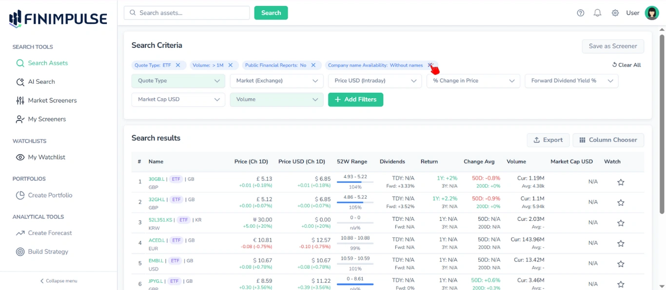 Screenshot of the Search Assets page with the red cursor pointing to the cross (remove icon) on an applied filter tag.