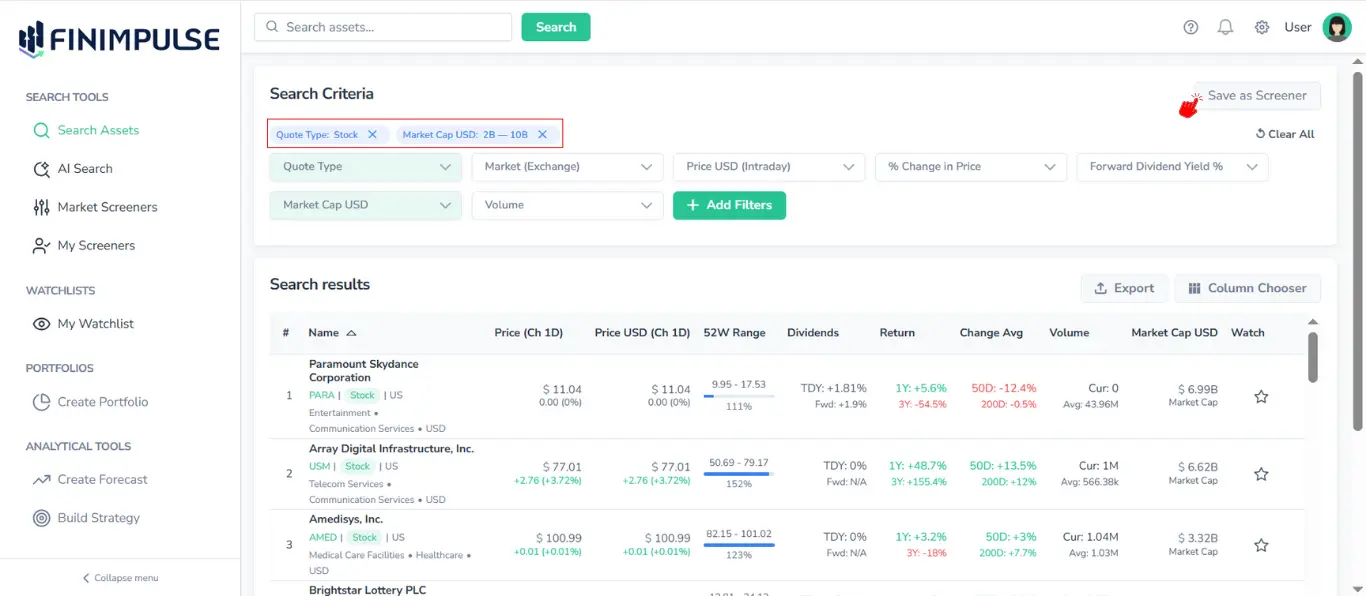 Screenshot of FinImpulse Search Assets page showing the Search Criteria section with applied filters highlighted in red, a red cursor clicking the Save as screener button, and the Search results table visible.
