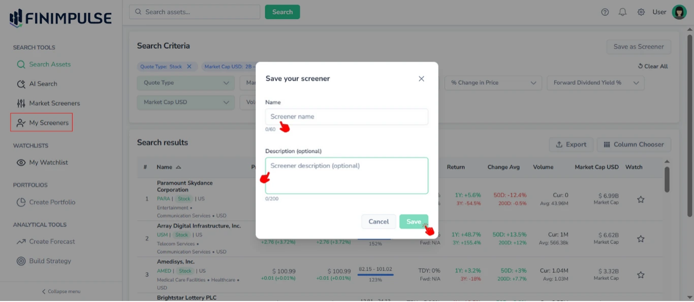 FinImpulse interface, showing the Search Assets page and sidebar with the My Screeners option highlighted in the background, and the Save your screener pop-up with red cursors indicating actions in the foreground.