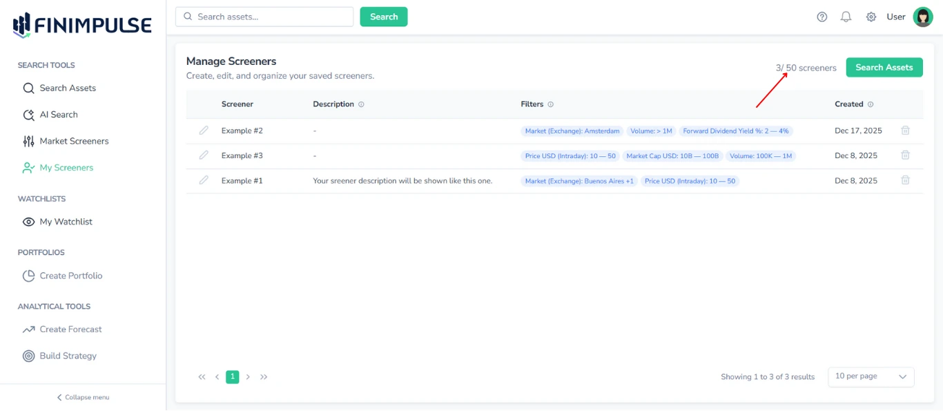 Screenshot of My Screeners page in FinImpulse, with the red arrow pointing to the Screeners Counter showing "3/50 Screeners".