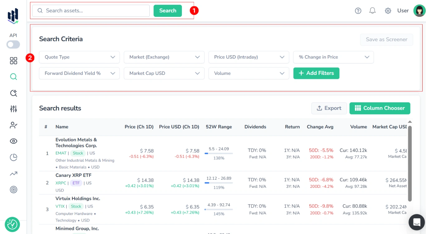 Screenshot of the FinImpulse Search Assets page with two elements highlighted in red: (1) the top search bar with a Search button, and (2) the Search Criteria bar showing 7 default filters — Quote Type, Market (Exchange), Price USD (Intraday), % Change in Price, Forward Dividend Yield %, Market Cap USD, and Volume — along with an Add Filters button. The search results table is visible below.