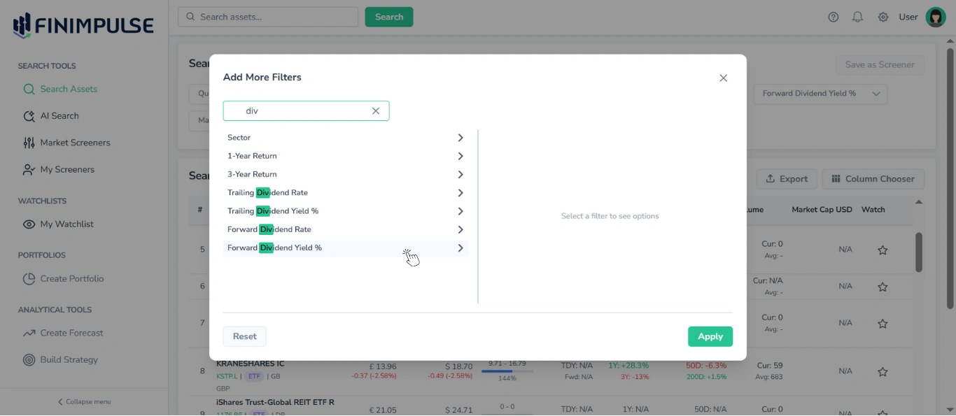 Screenshot in FinImpulse showing the Add More Filters pop-up with 'div' entered in the Search for Filters bar, matching results below, the last result highlighted in light blue and selected by the cursor; the Search Assets page is in the background.