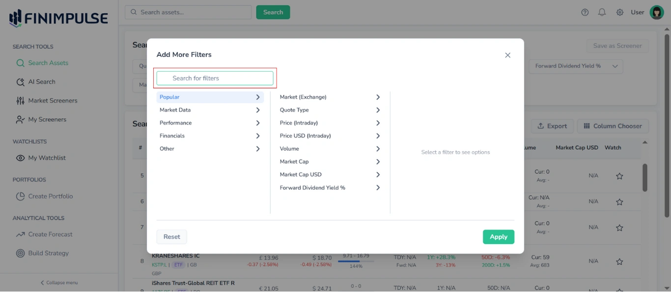 Screenshot in FinImpulse, showing the Add More Filters pop-up with the Popular category highlighted in blue and the Search for Filters bar highlighted in red; the Search Assets page is in the background.