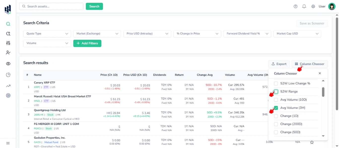 Screenshot of the FinImpulse Search Assets page showing part of the Search Criteria block and the Search results table, with three red cursors indicating steps for using the Column Chooser.