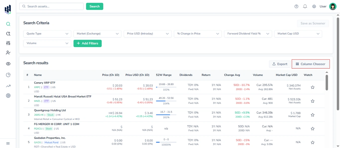 Screenshot of the FinImpulse Search Assets page showing the Search Criteria block and Search results table, with the Column Chooser button highlighted in red.