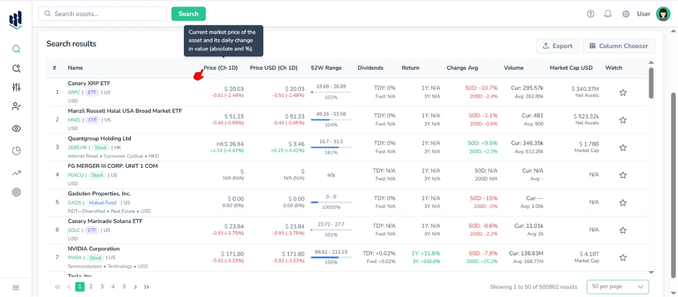 Screenshot of FinImpulse Search results table with the red cursor hovering over the column header, showing the tooltip.