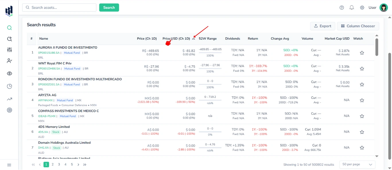 Screenshot of the Search results table, with the red cursor clicking the column header for ascending sort, and with the red arrow pointing to the sort indicator.
