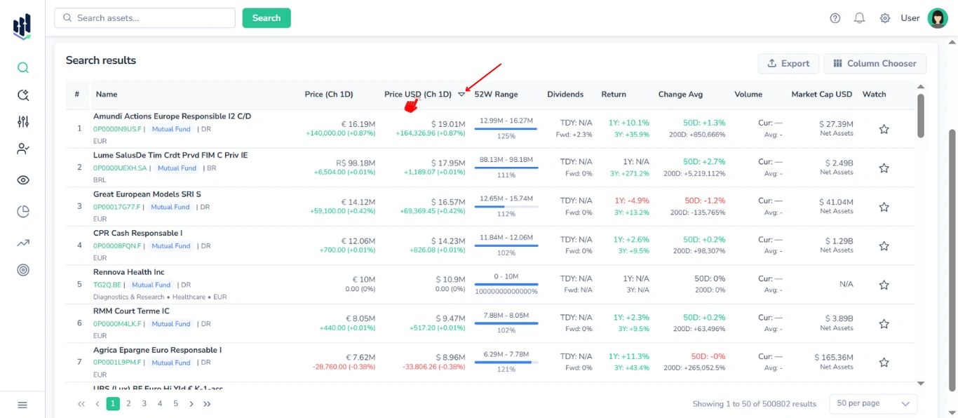 Screenshot of the Search results table, with the red cursor clicking the column header for descending sort, and with the red arrow pointing to the sort indicator.