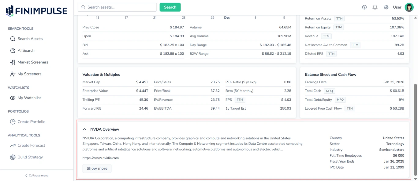 Screenshot of the FinImpulse Summary tab for Stocks, with the expanded Asset Overview section highlighted in red and other blocks visible.
