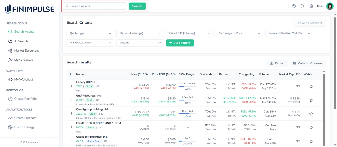 Screenshot of the FinImpulse Search Assets page with the Top Search Bar highlighted in red.