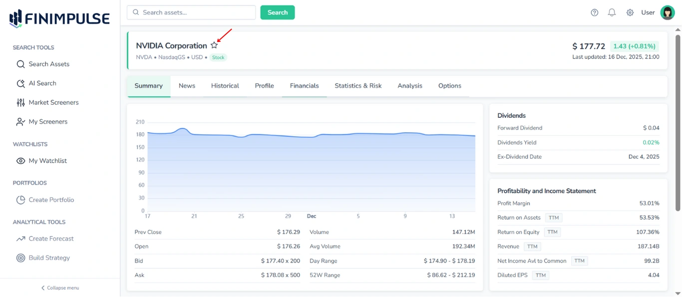 Screenshot of the Detailed Ticker Page in FinImpulse with a red arrow pointing to the star icon in the header section for saving to a watchlist.