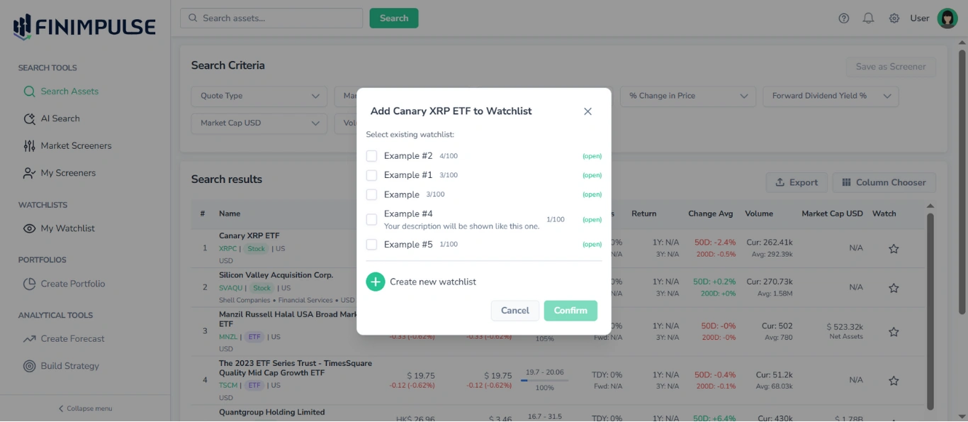 Screenshot in FinImpulse with the “Add Asset to Watchlist” pop-up in the foreground, displaying all watchlists, a create new watchlist button, and a link to a specific watchlist; the Search Assets page with Search Criteria section and Search results table is visible in the background.