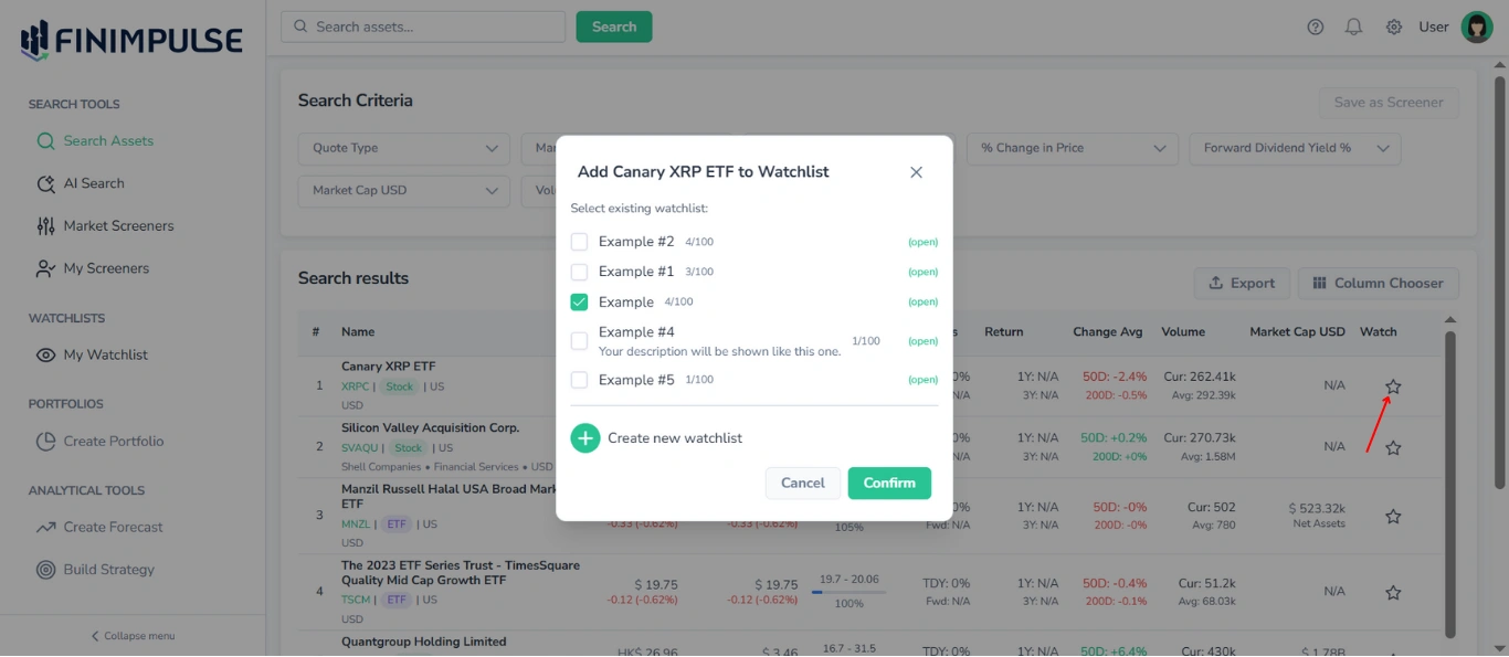 Screenshot in FinImpulse with the “Add Asset to Watchlist” pop-up in the foreground, showing the asset added to the Example watchlist. The Search Assets page, featuring the Search Criteria section and the Search Results table, is visible in the background, with a red arrow pointing to the star icon for the Canary XRP ETF.