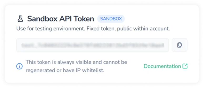Sandbox API Token panel with token field and visibility note