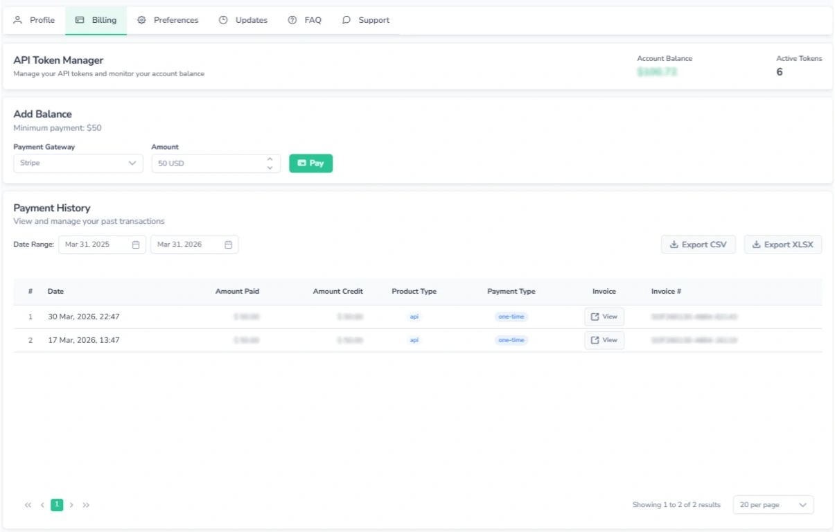 Screenshot of the Billing page in FinImpulse (API mode), showing the API Token Manager, Add Balance, and Payment History sections.