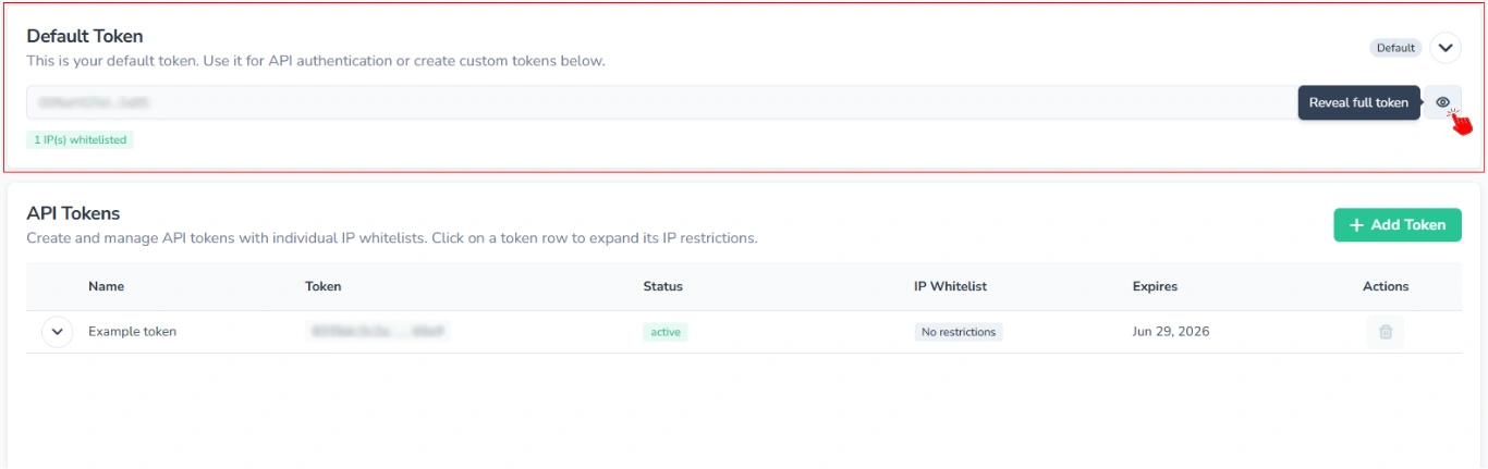 Screenshot of the FinImpulse API Settings page showing the "Default Token" block highlighted in red, with the red cursor clicking the eye icon and the "Reveal full token" tooltip visible.