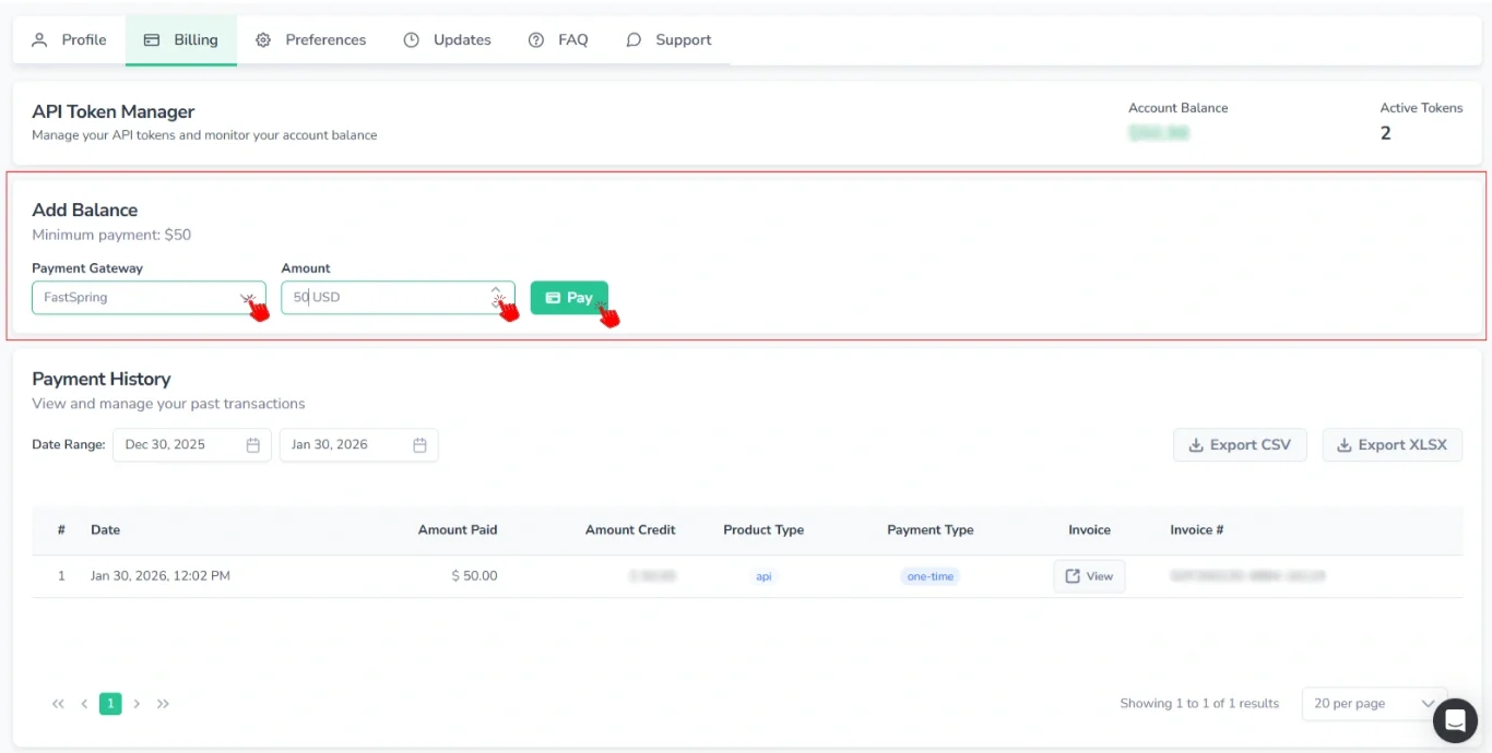 Screenshot of the FinImpulse Billing (Payments) page in API mode with the “Add Balance” section highlighted in red.